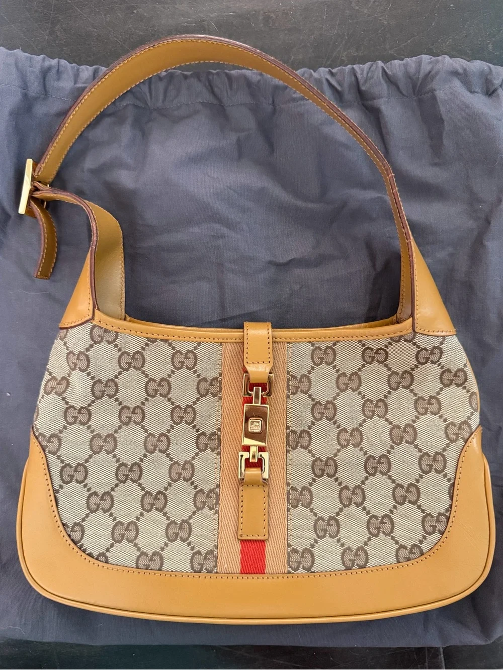 GUCCI Monogram Web Small Jackie O Hobo Brown